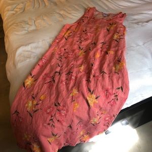 Pink floral linen w pockets dress L